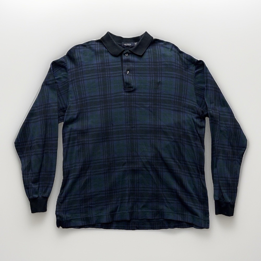 Vintage Nautica Rugby Polo Shirt Men's M Green Blue Plaid Long Sleeve Preppy